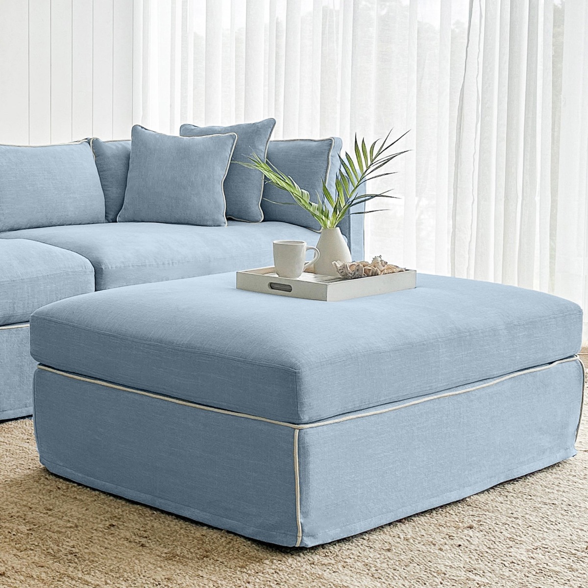 Marbella Ottoman Beach W/White Piping, W 125 D 91 H 45cm (RRP $1429) - Image 3