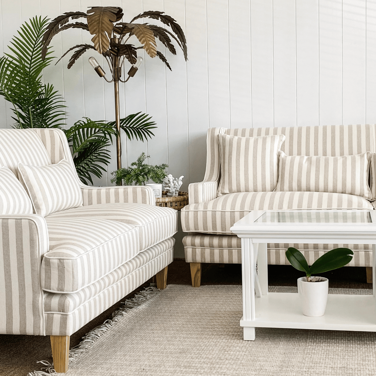 Bondi Hamptons 3 Seat Sofa Natural Stripe W/White Piping, W 215cm D 95cm H 94cm (RRP $2499) - Image 6