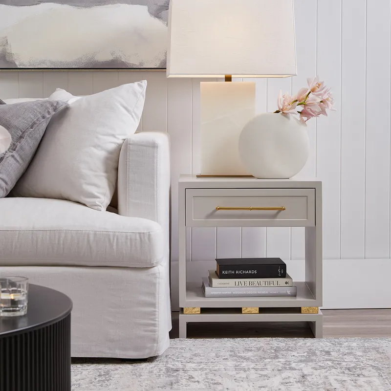 Pearl Bedside Table Small Grey, 50cm W x 40cm D x 55cm H (RRP $1529) - Image 2