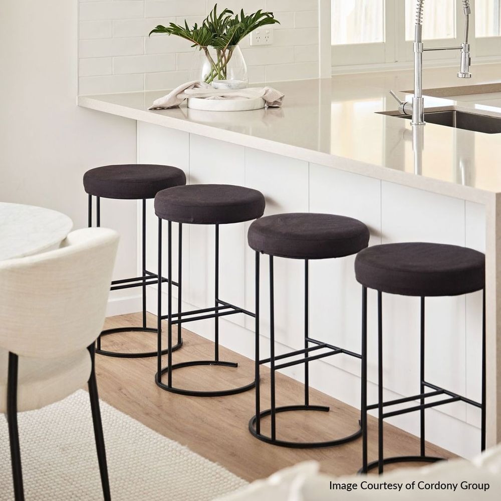 Blackley Black Iron Kitchen Stool Black Linen, 40cm Dia x 66cm H (RRP $319) - Image 2