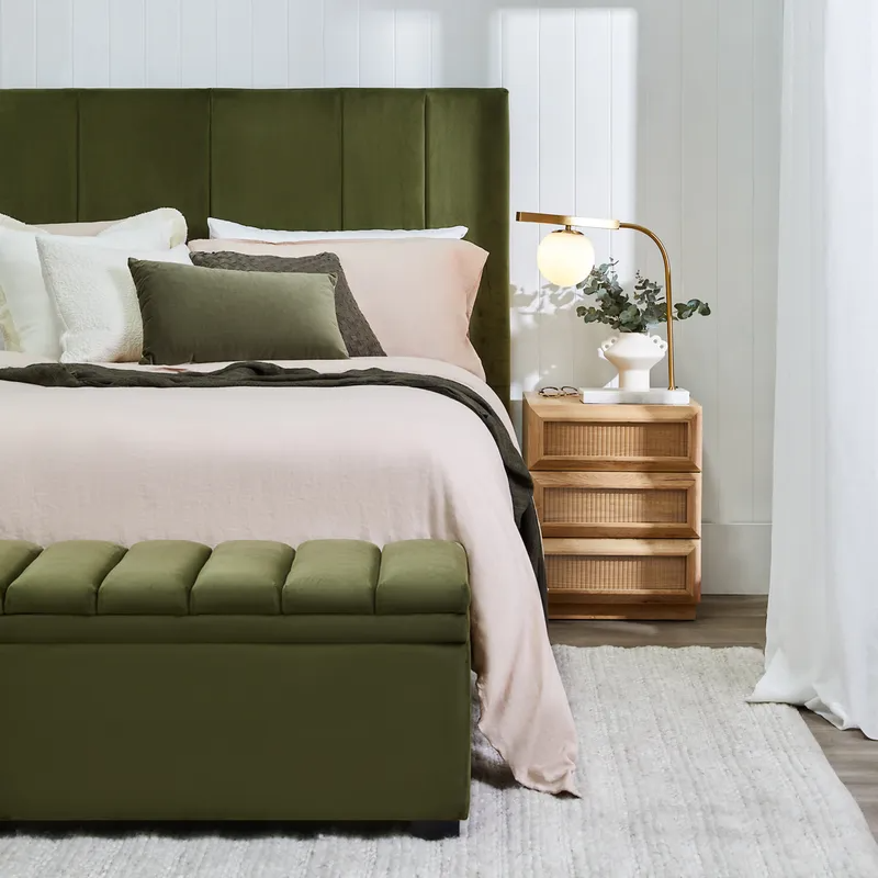 Soho Queen Bedhead Olive Velvet, 165cm W x 10cm D x 140cm H (RRP $1199) - Image 5