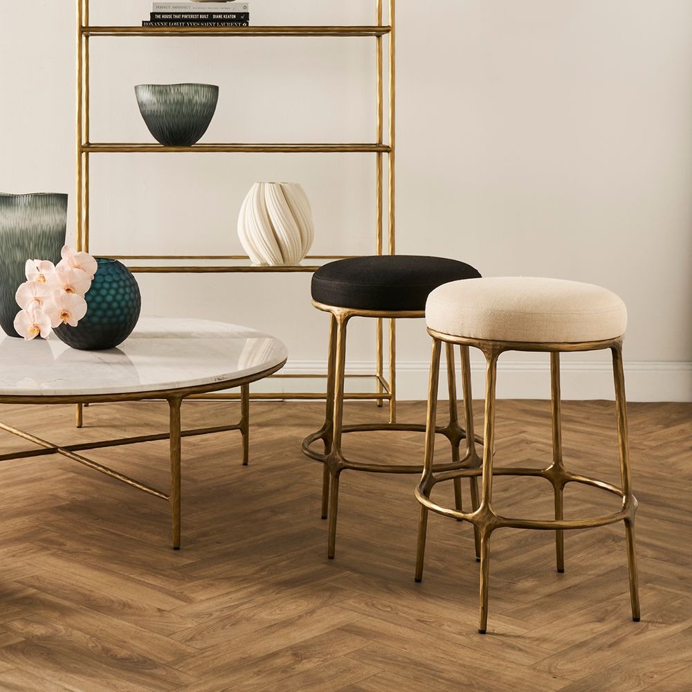 Heston Brass Kitchen Stool Black Linen, 49cm W x 49cm D x 71cm H (RRP $1089) - Image 2
