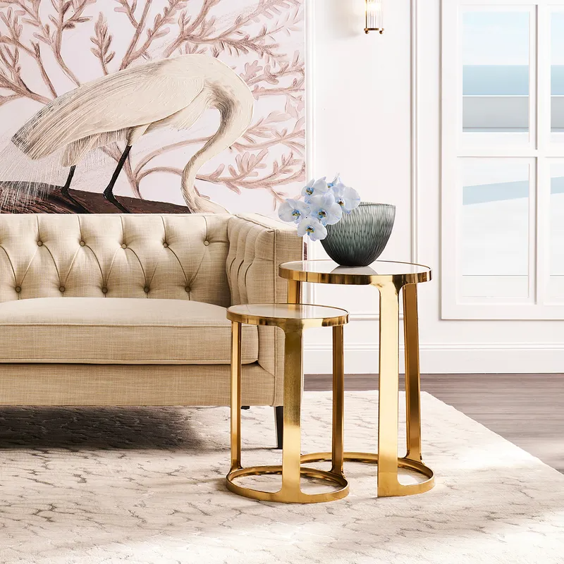 Isabelle Marble Nesting Side Tables Gold, 48.5cm W x 48.5cm D x 68.5cm H (RRP $803) - Image 2