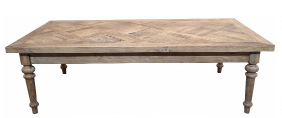 "Marrakesh" Hardwood Parquetry Coffee Table with turned legs Recycled Elm, 140cm x 70cm x 42cm (RRP $1299) - Image 5