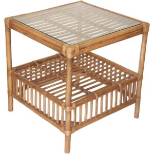 "Alfresco" Rattan Side Lamp Table with Tempered Glass Natural, 60cmL x 60cmW x 64cmH (RRP $499)