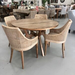 "Bali" Hardwood Timber 120cm Round Dining Table + 4 Coral Bay Rattan Dining Chairs Whitewash (RRP $2999)