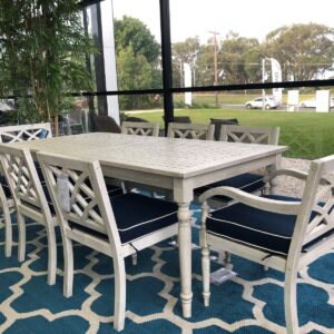 "The Hamptons" Alfresco Timber 9 Piece Dining Set Blue Cushions White Piping, 210x100cm (RRP $2999)