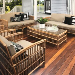 "Alfresco" Hamptons Style 4 Piece Lounge Package, 2.5 Seater, 2 x Armchairs & Coffee Table Natural Rattan, Taupe Cushions (RRP $3499)