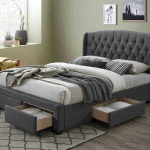 "Amelia" Hamptons Style Buttoned Back Upholstered Fabric Bed Frame 4 Storage Drawers King Size, Dark Grey (RRP $2299)