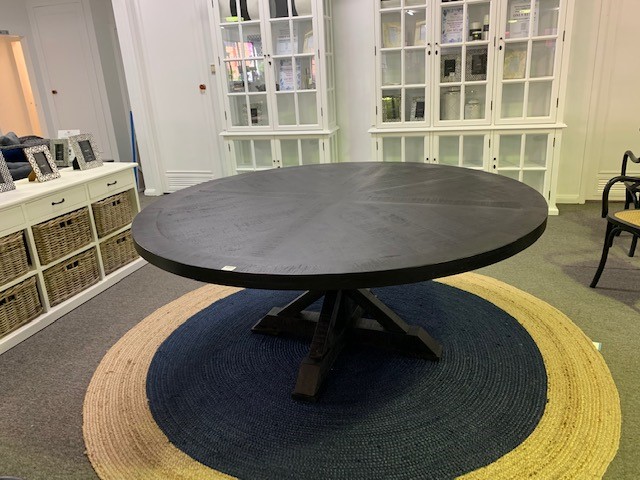 FLOORSTOCK CLEARANCE SALE "Atticus" Solid Timber Parquetry Round Dining Table with Pedestal Base in Black, 180cm (RRP $2999) - Image 3