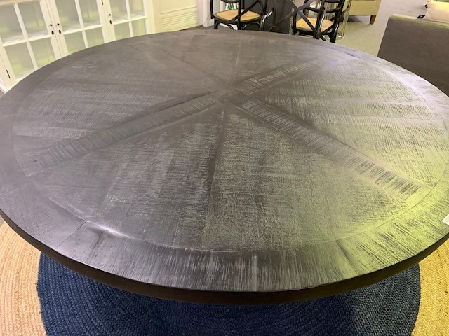FLOORSTOCK CLEARANCE SALE "Atticus" Solid Timber Parquetry Round Dining Table with Pedestal Base in Black, 180cm (RRP $2999) - Image 4
