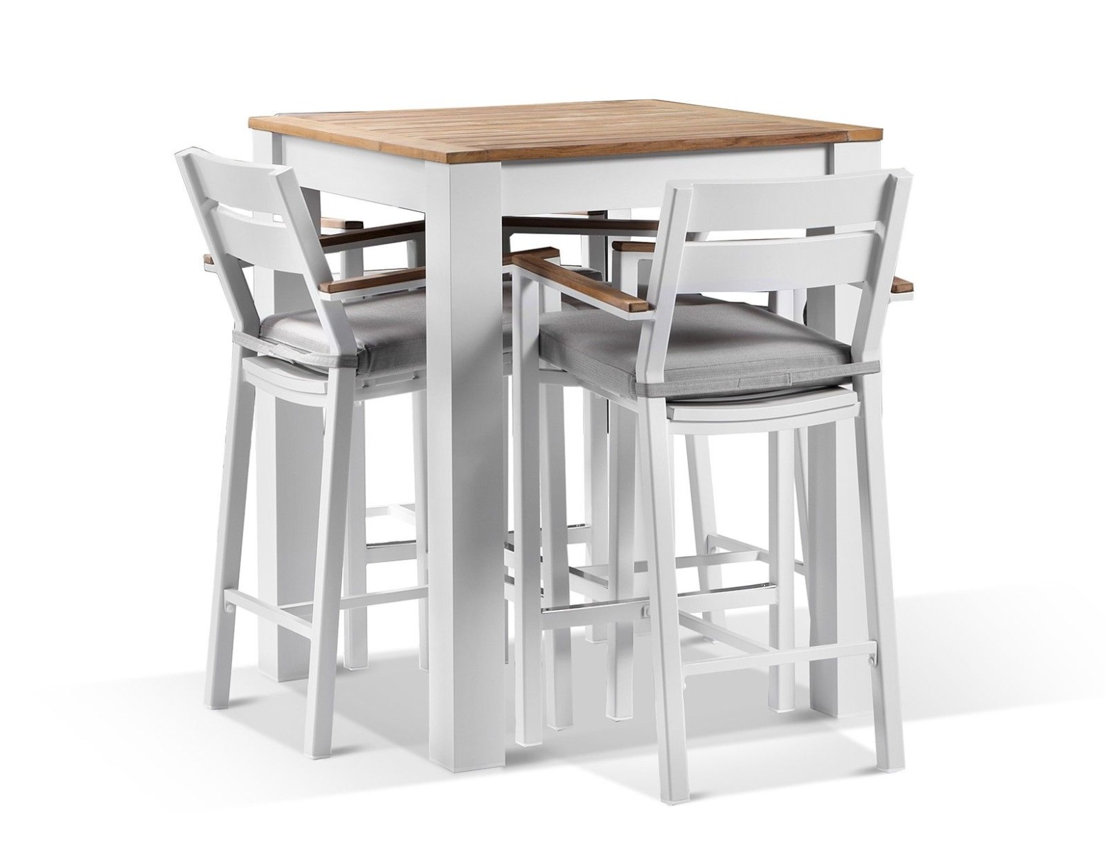 "Newport" Hamptons Style Outdoor Square Aluminium and Teak Top Bar Table with 4 Avalon Bar Stools in White - Image 2