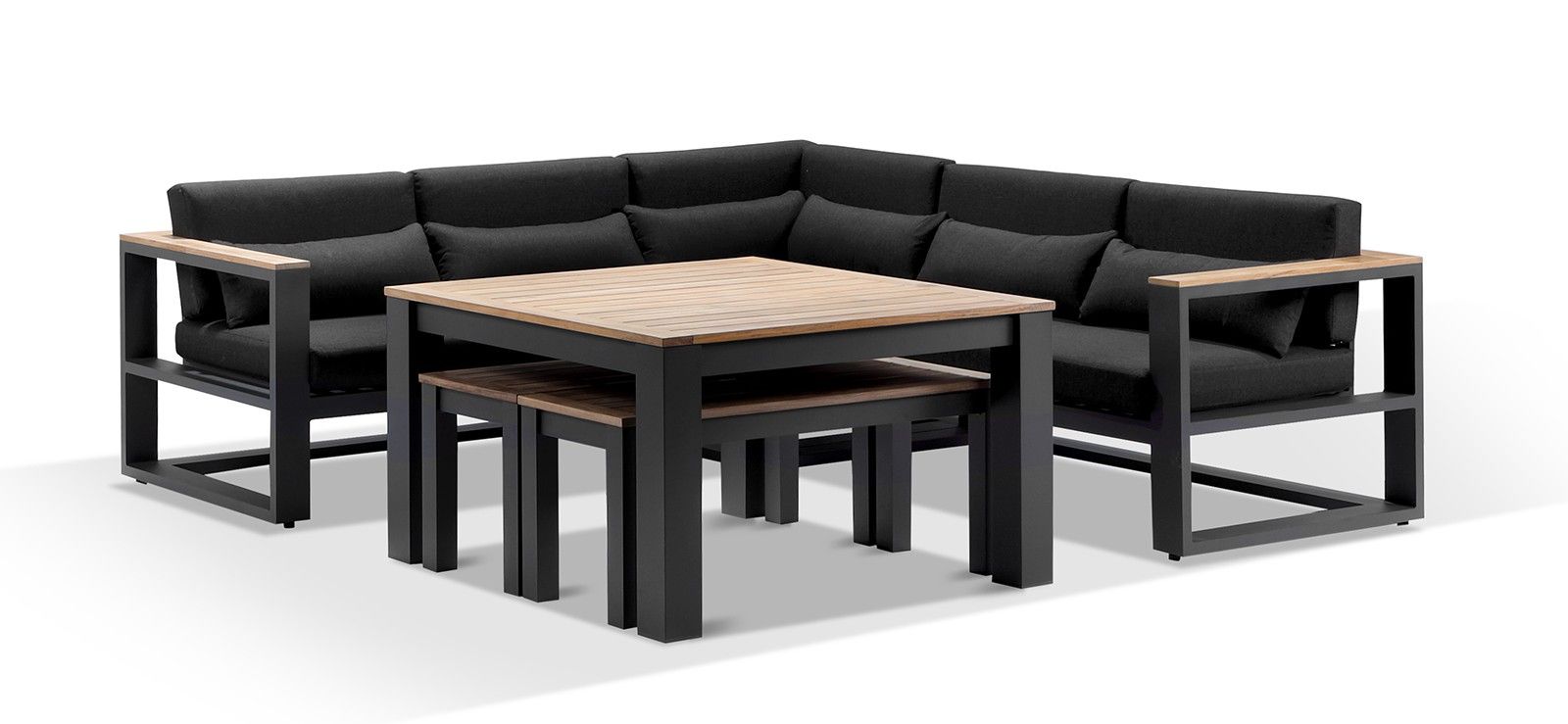"Newport" Hamptons Style Outdoor Aluminium Lounge & Dining Setting in Charcoal with Denim Grey Cushions - Image 2