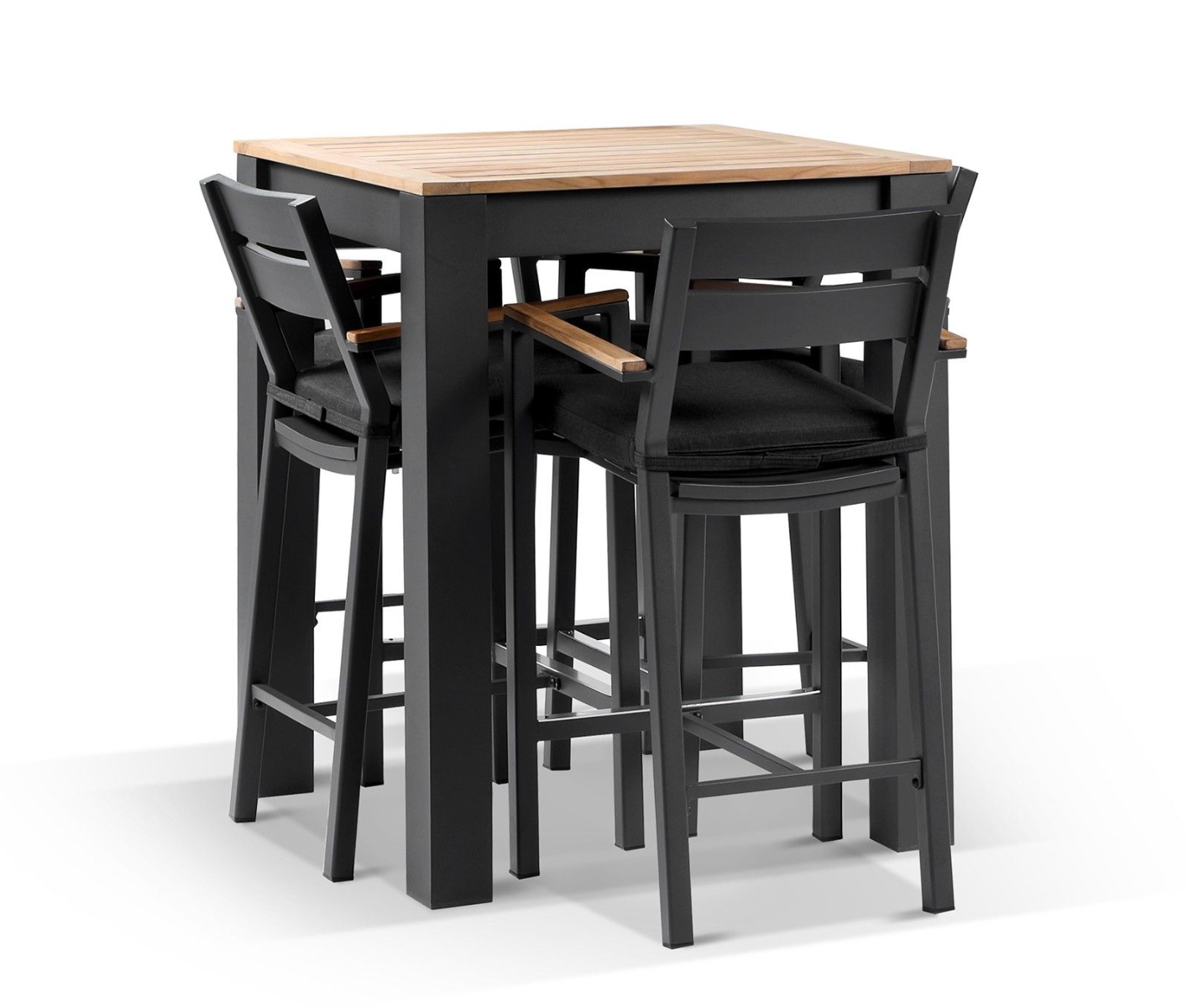 "Newport" Hamptons Style Outdoor Square Aluminium and Teak Top Bar Table with 4 Avalon Bar Stools in Charcoal - Image 2