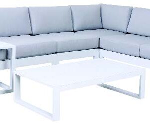 FLOORSTOCK CLEARANCE SALE "Riviera" Resort Style Outdoor White Aluminium Corner Modular Lounge with Coffee Table, Hamptons Grey Cushions (RRP $3499)