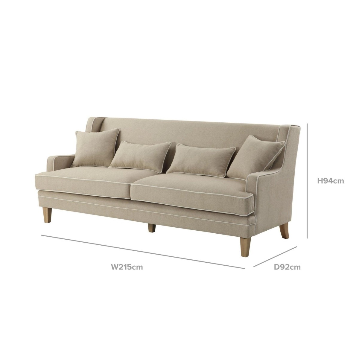 Bondi Hamptons 3 Seat Sofa Natural/White Piping, W 215cm D 95cm H 94cm (RRP $2499) - Image 10