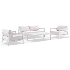 Clontarf 2+1+1 Outdoor Aluminium Lounge Setting & Coffee Table, White with Sunbrella White Cushions