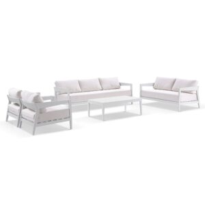 Clontarf 3 + 2 +1+1 Outdoor Aluminium Lounge Setting with Coffee Table, White with Sunbrella White Cushions