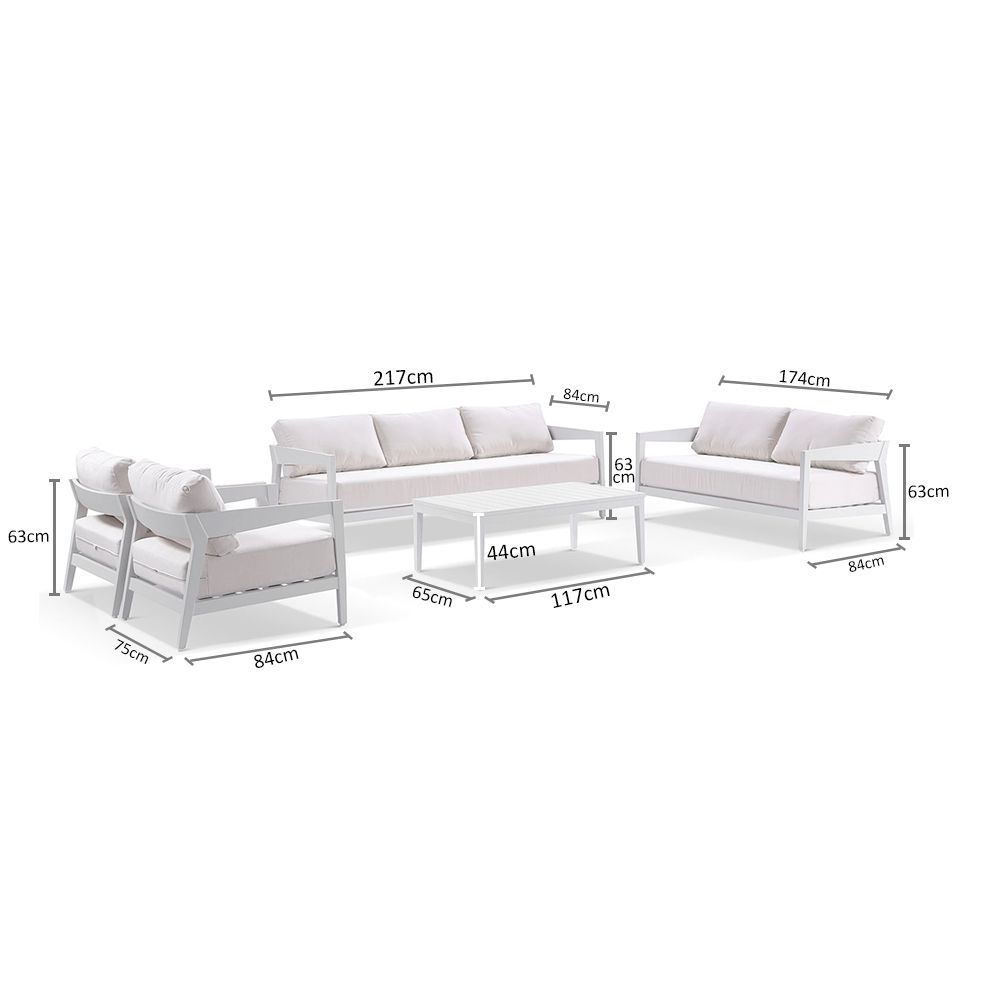 Clontarf 3 + 2 +1+1 Outdoor Aluminium Lounge Setting with Coffee Table, White with Sunbrella White Cushions - Image 2
