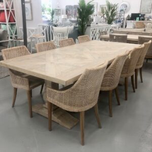 "Whitsunday" Hamptons Style Parquetry Hardwood Timber 240x110cm Dining Package, Beachwhite Finish (RRP $5999)