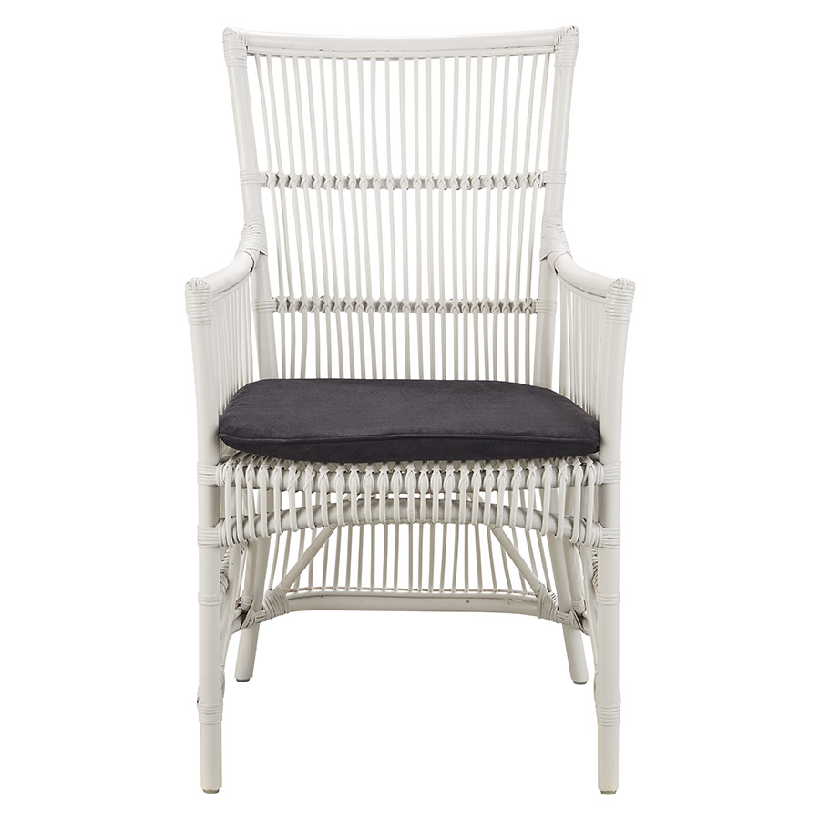 CLEARANCE SALE "Byron" Hamptons Style Rattan Cane Carver Armchair Dining Chair White with Black Cushion - Image 2