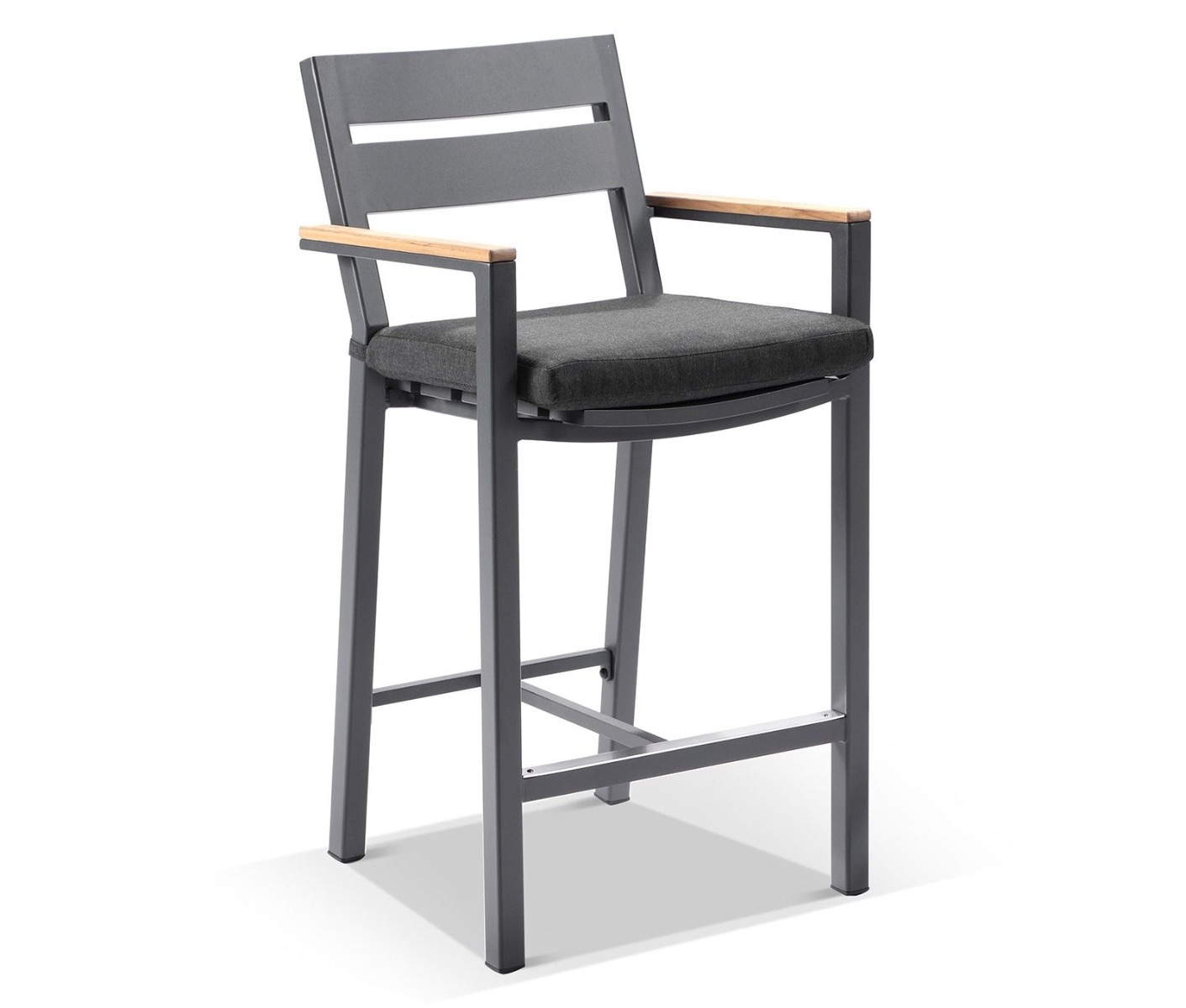 "Newport" Hamptons Style Outdoor Square Aluminium and Teak Top Bar Table with 4 Avalon Bar Stools in Charcoal - Image 3