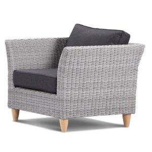 "Tahiti" Hamptons Style Outdoor Wicker Armchair in Brushed Grey with Denim Cushions (RRP $1199)