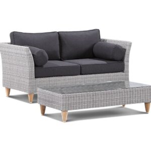 "Tahiti" Hamptons Style Outdoor Setting 2 Seater and 2 x 1 Seater Lounges with Coffee Table, Grey with Denim Cushions (RRP $3999)