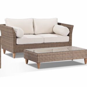 "Tahiti" Hamptons Style Outdoor Setting 2 Seater and 2 x 1 Seater Lounges with Coffee Table, Wheat with Cream Cushions (RRP $3999)