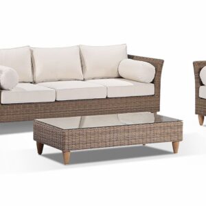"Tahiti" Hamptons Style Outdoor Setting with 3 + 2 + 1 Seater Lounges & Coffee Table, Brushed Wheat (RRP $4999)