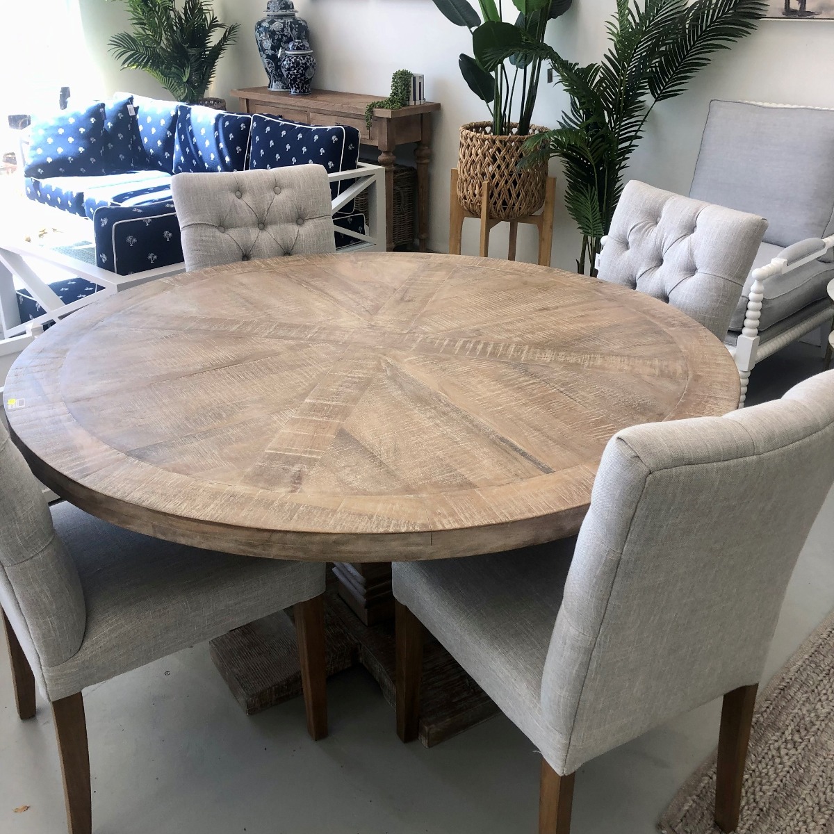 "Tuscany" Hampton Style Hardwood Timber Parquetry 150cm Round Dining Table Pedestal Base Whitewash + 4 Chloe Chairs with Natural Legs (RRP $3499) - Image 2