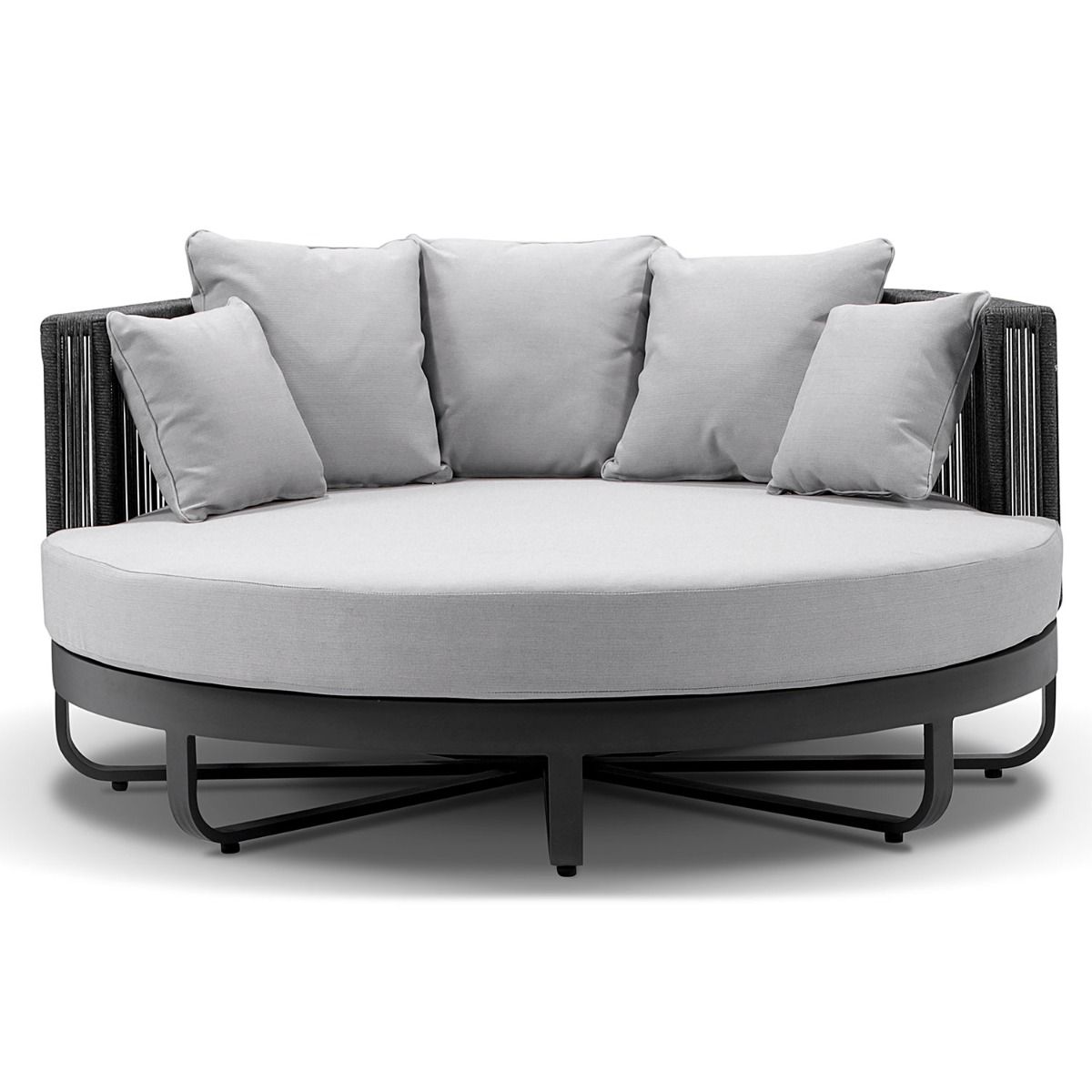 "Coolum" Hamptons Style Outdoor Aluminium Round Daybed in Charcoal with Olefin Grey Cushions - Image 2