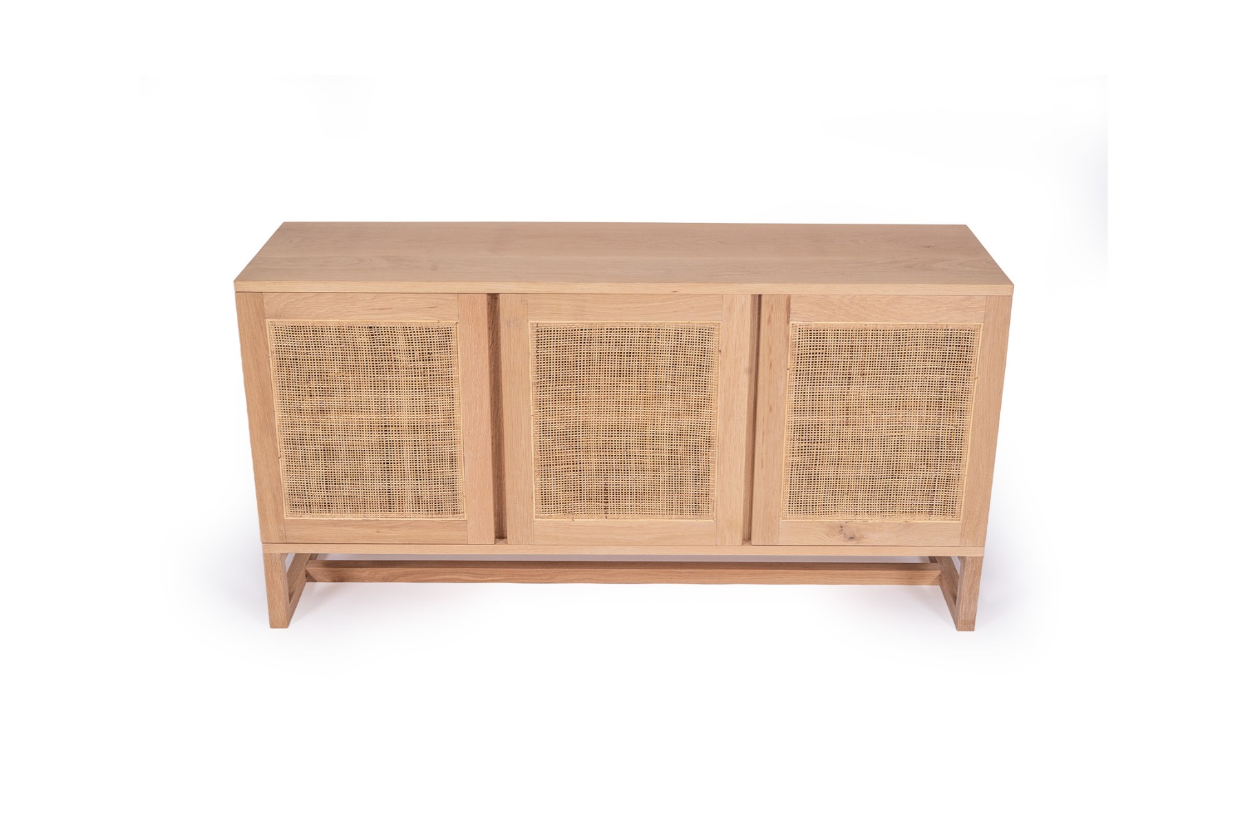 Clovelly Three Door Sideboard American Oak & Rattan, W 140cm x D 40cm x H 80cm - Image 3