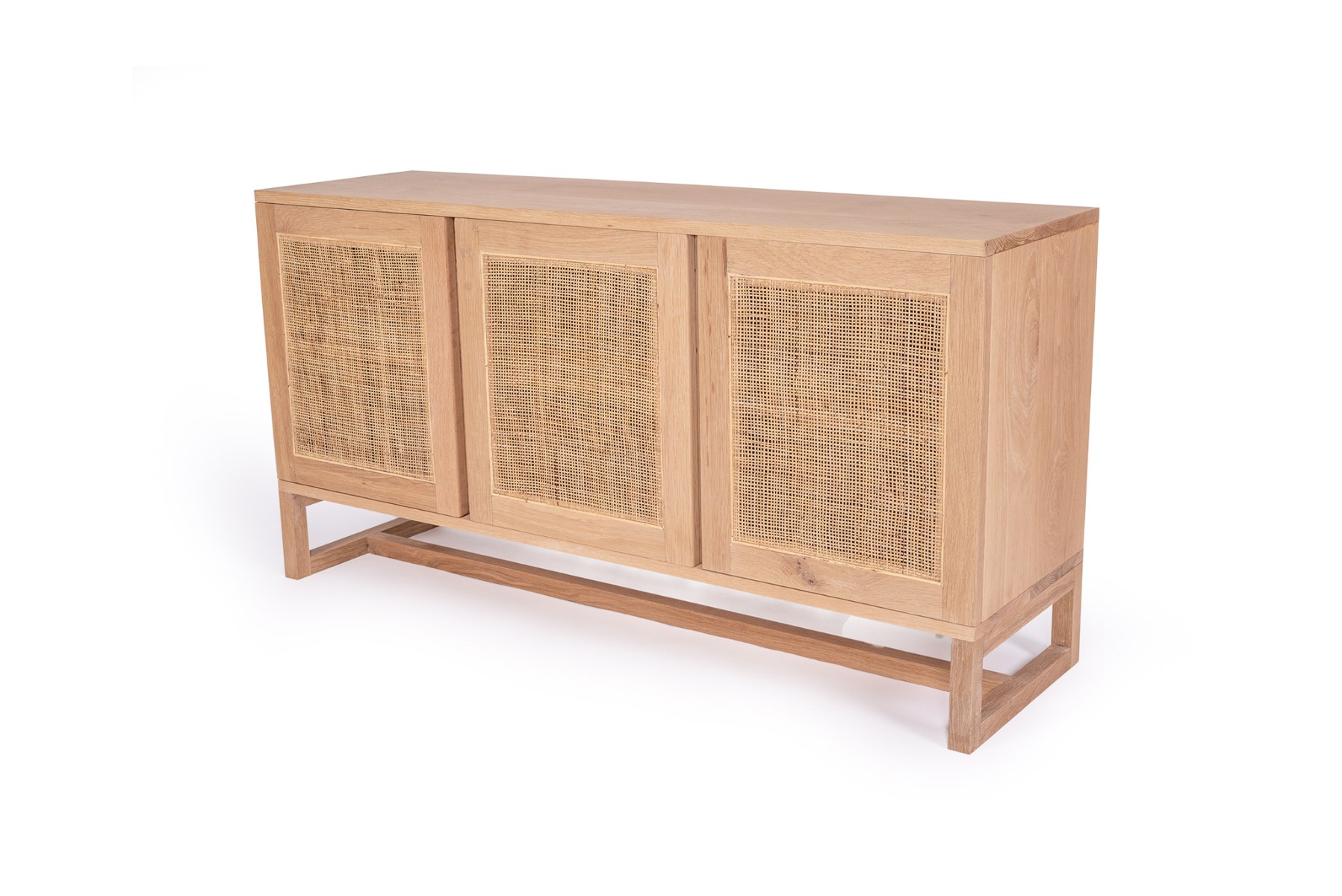 Clovelly Three Door Sideboard American Oak & Rattan, W 140cm x D 40cm x H 80cm - Image 4