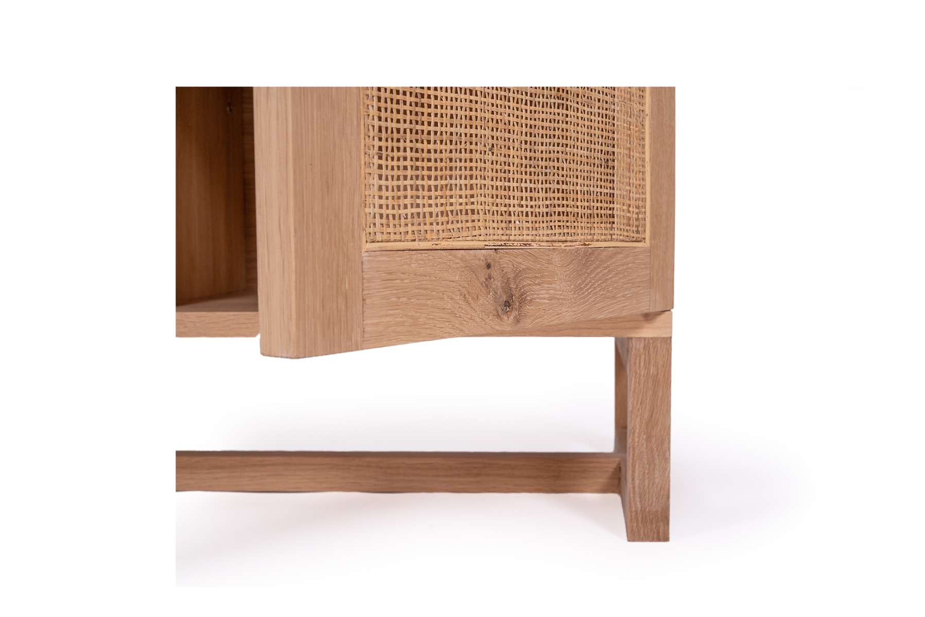 Clovelly Three Door Sideboard American Oak & Rattan, W 140cm x D 40cm x H 80cm - Image 8