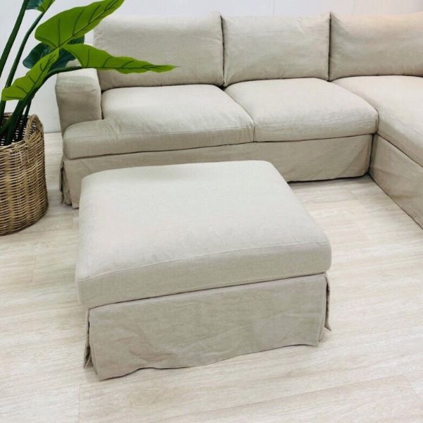 "Southampton" Hamptons Style Fabric Ottoman Footstool Feather Filled with Removable Slip Covers, Linen (RRP $999) - Image 2