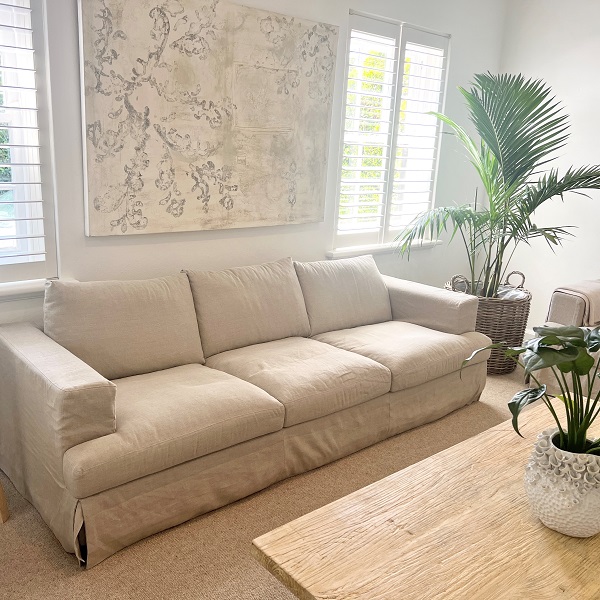 "Southampton" Hamptons Style Fabric 3 Seater Sofa Lounge Feather Filled with Removable Slip Covers, Linen (RRP $3499) - Image 3