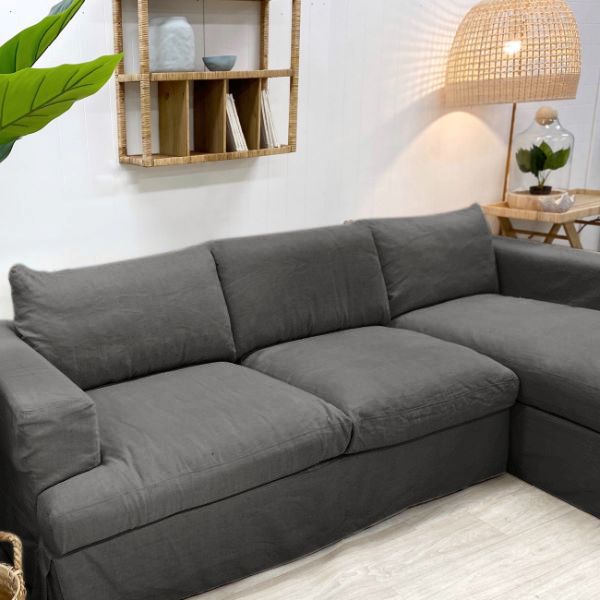 "Southampton" Hamptons Style Fabric 3 Seater Chaise Sofa Lounge Feather Filled with Removable Slip Covers, Hamptons Grey (RRP $4499) - Image 2