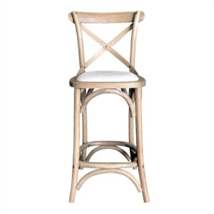 "Paris" Hamptons Style Oak Timber Barstool Cross Back Weathered Oak with Linen Seat