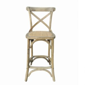 "Paris" Hamptons Style Oak Timber Barstool Cross Back Weathered Oak with Rattan Seat