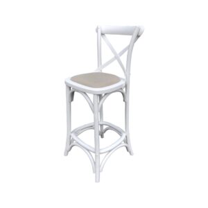 "Paris" Hamptons Style Oak Timber Barstool Cross Back White Oak with Linen Seat, Kitchen Counter Height 65cmH (RRP $449)