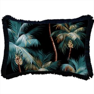 Outdoor Cushion Coastal Fringe Black Palm Trees Black 35cm x 50cm
