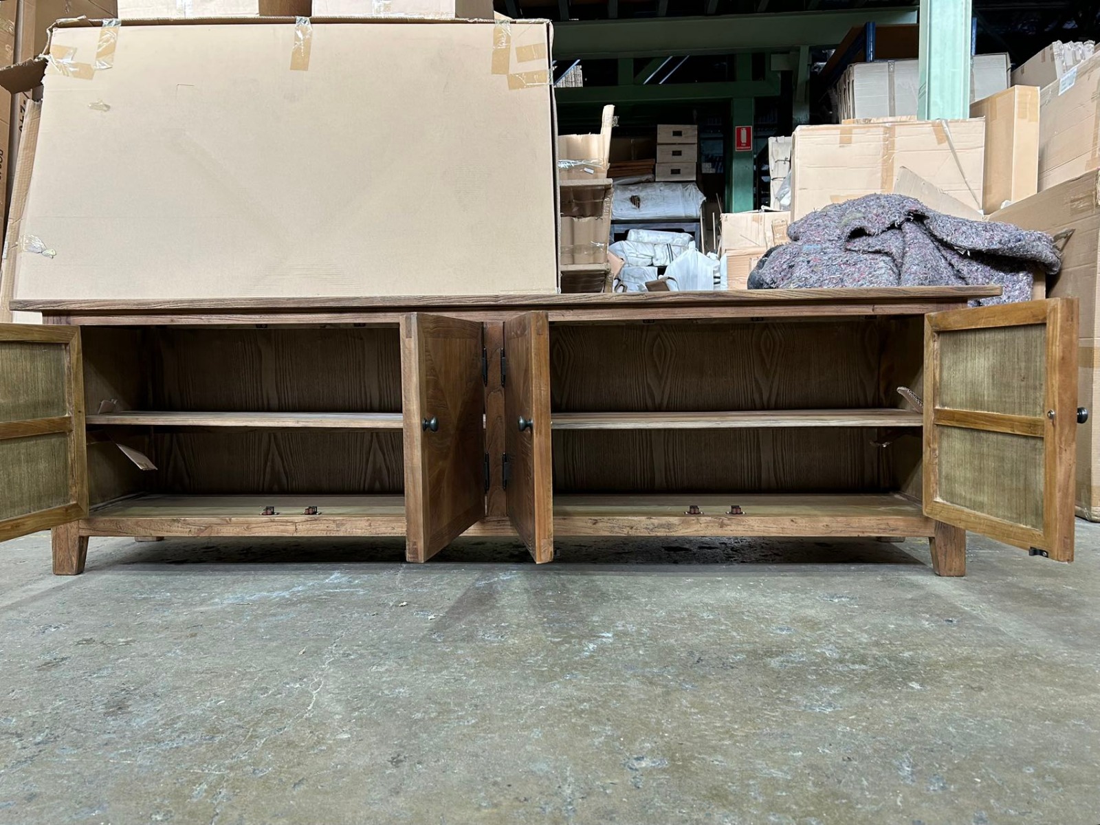 NEW YEAR SALE!! "Villa" Hamptons Style Parquetry 4 Door Entertainment TV Unit Recycled Elm, 200cm x 40cm x 58cmH (RRP $1999) - Image 3