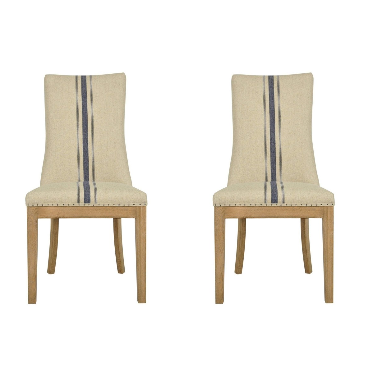 Oakwood Hamptons Linen Dining Chair Natural/Blue Stripe W/ Studs, W 52cm D 64cm H 101cm (RRP $449) - Image 4
