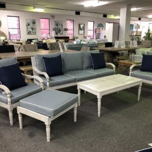 "The Hamptons" Hampton Style Timber 5 Piece Lounge Setting, Grey Cushions White Piping (RRP $2999)