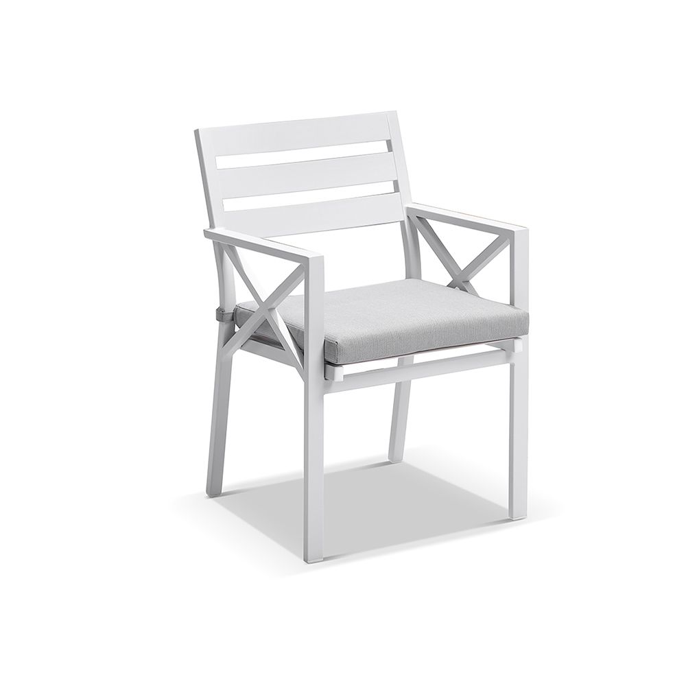 "Montego Bay" Hamptons Style Outdoor Aluminium Square 5 Piece Dining Table Set, White with Olefin Hamptons Grey Cushions - Image 2