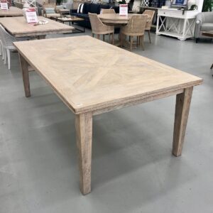 "Hayman" Resort Style Hardwood Timber Parquetry Dining Table, Beachwhite Finish, 220x110x77cm (RRP $2999)