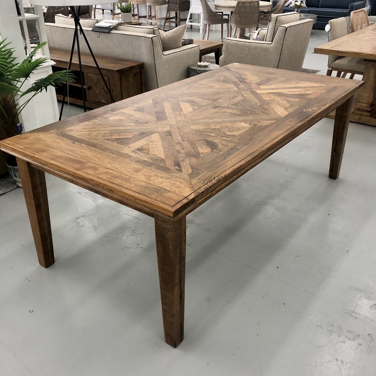 "Hayman" Resort Style Hardwood Timber Parquetry Dining Table, Vintage Finish, 220x110x77cm (RRP $2999) - Image 3