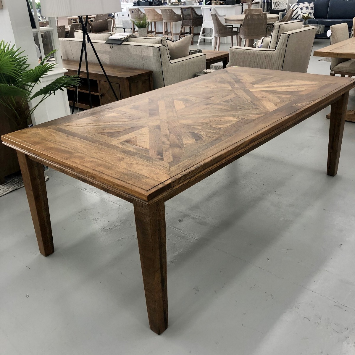 "Hayman" Resort Style Hardwood Timber Parquetry Dining Table, Vintage Finish, 180x90x77cm (RRP $1999) - Image 2