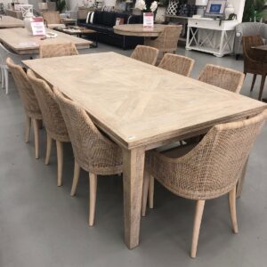 "Hayman" Resort Style Hardwood Timber Parquetry Dining Package, Beachwhite 220x110cm + 8 x Coral Bay Chairs in Whitewash, Whitewash Legs (RRP $5999)